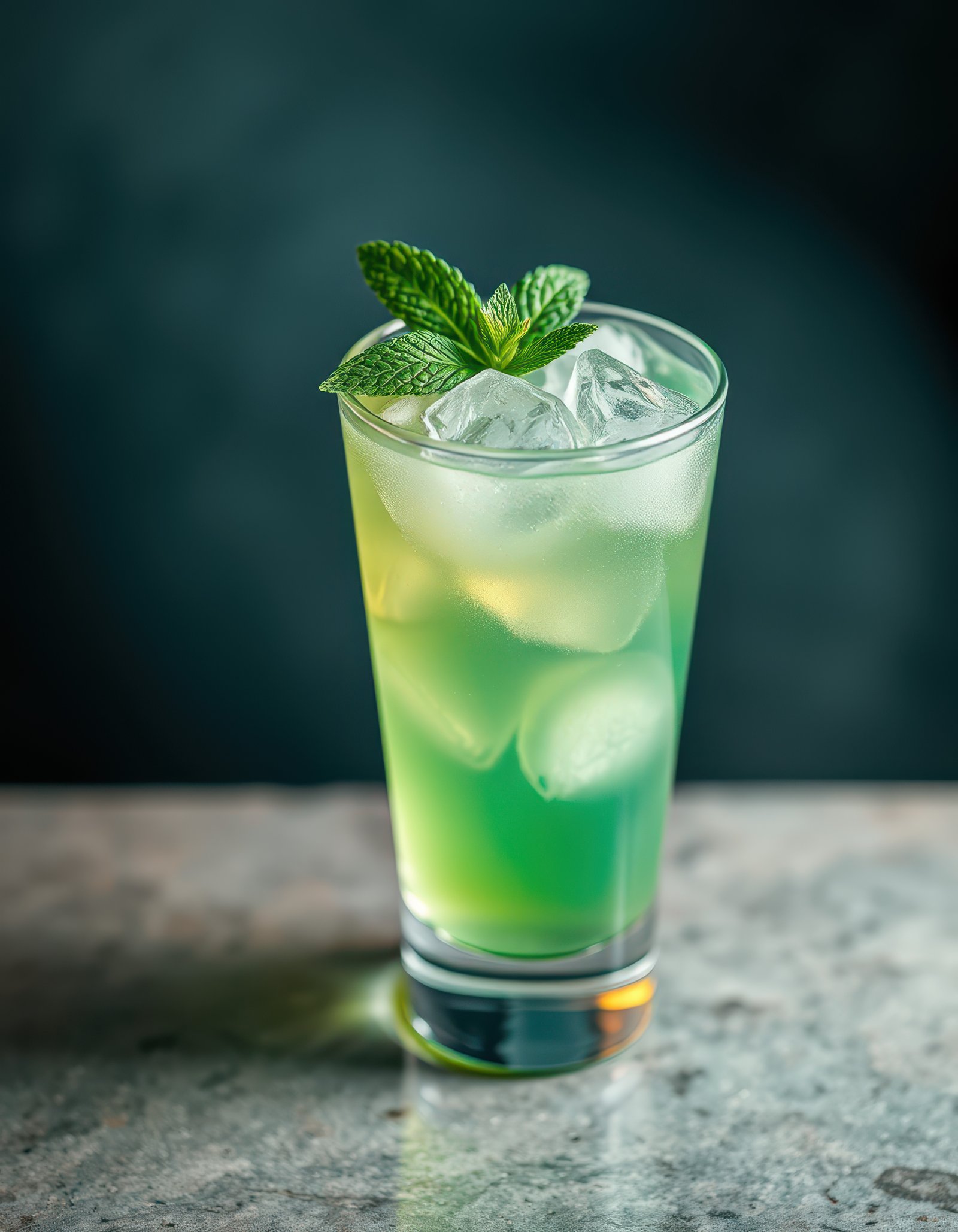 Refreshing green cocktail garnished with mint leaves served on a marble table